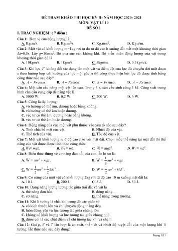 Đề tham khảo thi Học kì II môn Vật lí Lớp 10 năm học 2020- 2021 (Có đáp án)