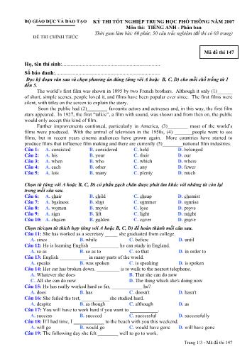 Đề thi chính thức Kỳ thi Tốt nghiệp THPT môn Tiếng Anh năm 2007 - Mã đề 147