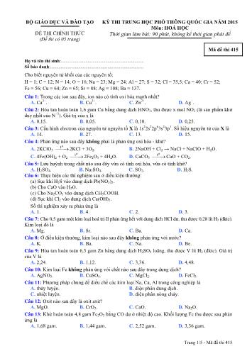 Đề thi chính thức Tốt nghiệp THPT Quốc gia năm 2015 môn Hóa học (Mã đề 415)