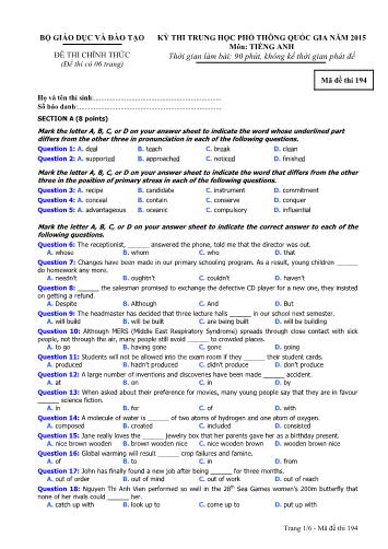 Đề thi chính thức Tốt nghiệp THPT Quốc gia năm 2015 môn Tiếng Anh (Mã đề 194)
