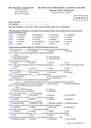 Đề thi chính thức Tuyển sinh Đại học, Cao đẳng môn Tiếng Anh - Mã đề 978