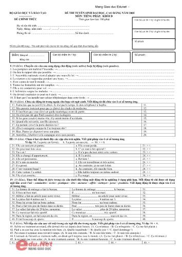 Đề thi chính thức Tuyển sinh Đại học, Cao đẳng môn Tiếng Pháp năm 2005 (Kèm đáp án)