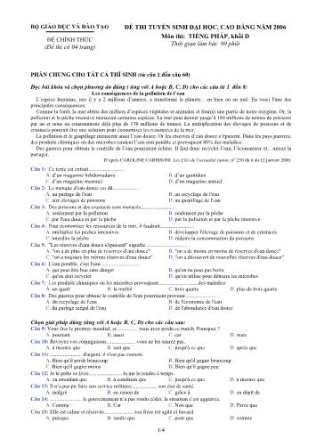 Đề thi chính thức Tuyển sinh Đại học, Cao đẳng môn Tiếng Pháp năm 2006 (Kèm đáp án)