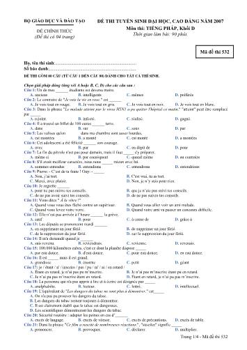 Đề thi chính thức Tuyển sinh Đại học, Cao đẳng môn Tiếng Pháp năm 2007 - Mã đề 532 (Kèm đáp án)