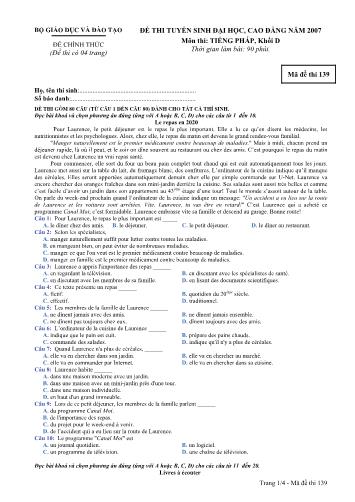Đề thi chính thức Tuyển sinh Đại học, Cao đẳng môn Tiếng Pháp năm 2007 - Mã đề 139 (Kèm đáp án)
