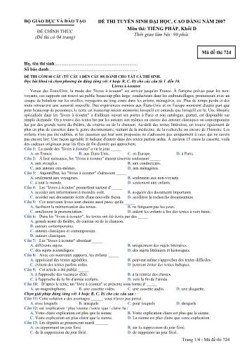 Đề thi chính thức Tuyển sinh Đại học, Cao đẳng môn Tiếng Pháp năm 2007 - Mã đề 724 (Kèm đáp án)