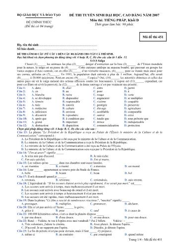 Đề thi chính thức Tuyển sinh Đại học, Cao đẳng môn Tiếng Pháp năm 2007 - Mã đề 451 (Kèm đáp án)