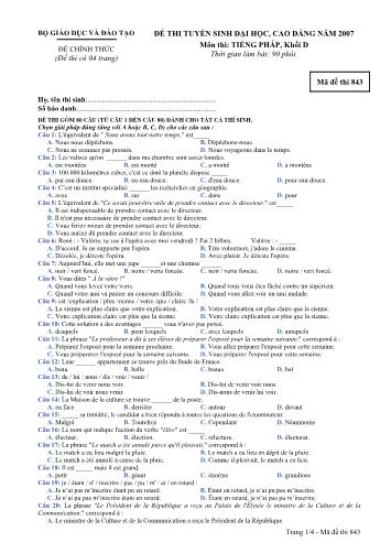 Đề thi chính thức Tuyển sinh Đại học, Cao đẳng môn Tiếng Pháp năm 2007 - Mã đề 843 (Kèm đáp án)