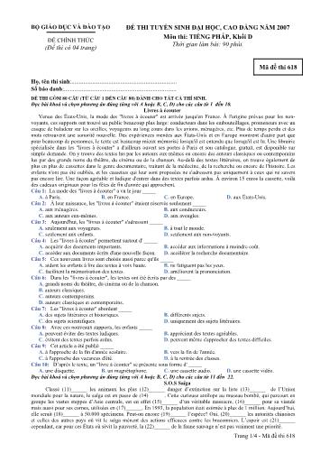Đề thi chính thức Tuyển sinh Đại học, Cao đẳng môn Tiếng Pháp năm 2007 - Mã đề 618 (Kèm đáp án)