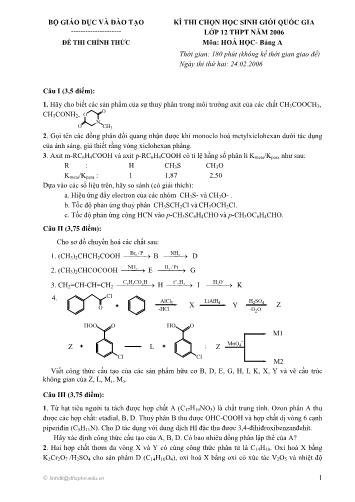 Đề thi chọn HSG Quốc gia môn Hóa học Lớp 12 - Bảng A