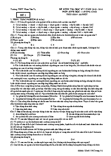 Đề thi Học kì I môn Sinh học Lớp 11 nâng cao năm học 2015- 2016 - Đề 1 (Kèm đáp án)
