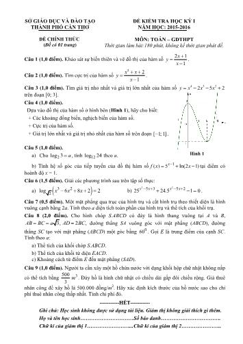 Đề thi Học kì I môn Toán Lớp 12 năm học 2015- 2016 Sở GD&ĐT TP Cần Thơ (Có đáp án)