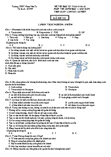 Đề thi Học kì II môn Sinh học Lớp 11 cơ bản năm học 2015- 2016 - Mã đề 233 (Kèm đáp án)