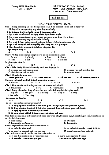 Đề thi Học kì II môn Sinh học Lớp 11 cơ bản năm học 2015- 2016 - Mã đề 231 (Kèm đáp án)