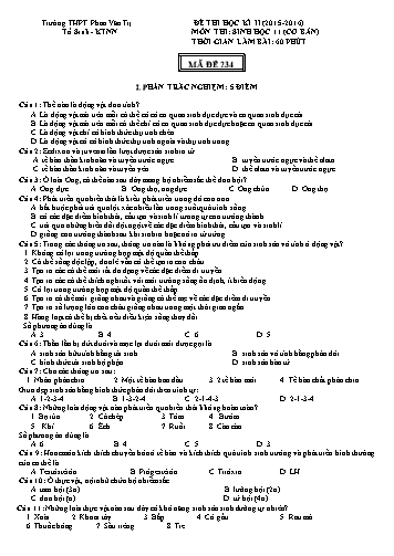 Đề thi Học kì II môn Sinh học Lớp 11 cơ bản năm học 2015- 2016 - Mã đề 234 (Kèm đáp án)