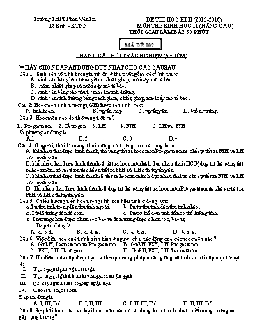 Đề thi Học kì II môn Sinh học Lớp 11 nâng cao năm học 2015- 2016 - Mã đề 002 (Kèm đáp án)