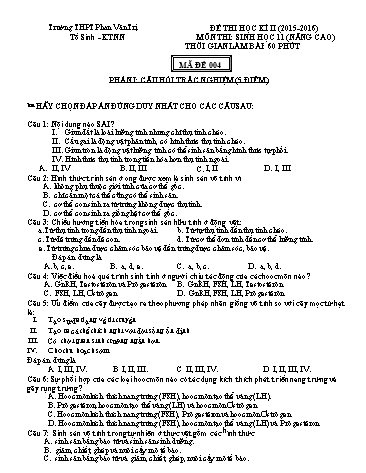 Đề thi Học kì II môn Sinh học Lớp 11 nâng cao năm học 2015- 2016 - Mã đề 004 (Kèm đáp án)