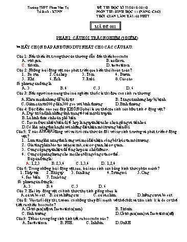 Đề thi Học kì II môn Sinh học Lớp 11 nâng cao năm học 2015- 2016 - Mã đề 001 (Kèm đáp án)