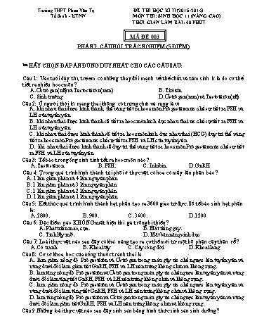 Đề thi Học kì II môn Sinh học Lớp 11 nâng cao năm học 2015- 2016 - Mã đề 003 (Kèm đáp án)