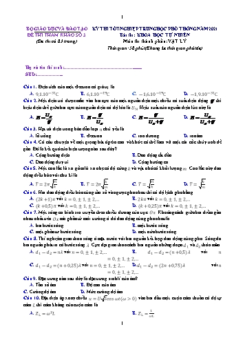 Đề thi tham khảo Tốt nghiệp THPT năm 2021 môn Vật lý (Đề số 3)