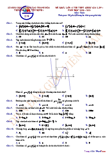 Đề thi thử THPT QG lần 1 môn Toán năm học 2020- 2021 trường THPT Yên Định 1 (Có đáp án)