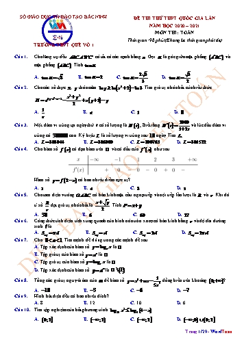 Đề thi thử THPT QG lần 2 môn Toán năm học 2020- 2021 trường THPT Quế Võ 1 (Có đáp án)