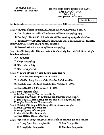 Đề thi thử THPT Quốc gia Lần 1 môn Địa lý (mã 132) trường THPT Chuyên tỉnh Bắc Kạn năm 2016
