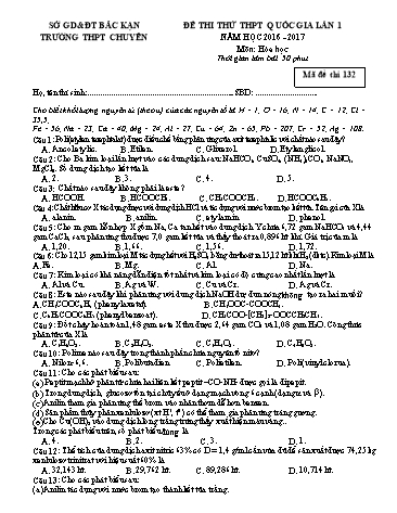 Đề thi thử THPT Quốc gia Lần 1 môn Hóa học (mã 132) trường THPT Chuyên tỉnh Bắc Kạn năm 2016