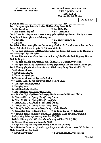 Đề thi thử THPT Quốc gia Lần 1 môn Lịch sử (mã 132) trường THPT Chuyên tỉnh Bắc Kạn năm 2016