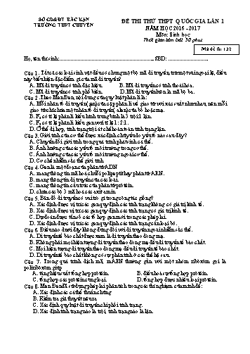 Đề thi thử THPT Quốc gia Lần 1 môn Sinh học (mã 132) trường THPT Chuyên tỉnh Bắc Kạn năm 2016