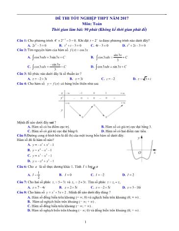 Đề thi Tốt nghiệp THPT năm 2017 môn Toán (Có đáp án)