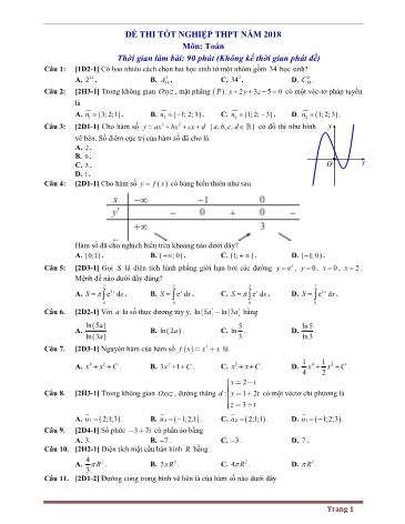 Đề thi Tốt nghiệp THPT năm 2018 môn Toán (Có đáp án)