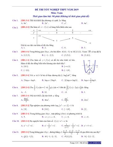 Đề thi Tốt nghiệp THPT năm 2019 môn Toán (Có đáp án)