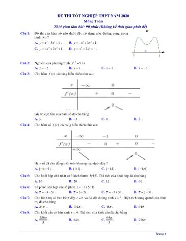 Đề thi Tốt nghiệp THPT năm 2020 môn Toán (Có đáp án)