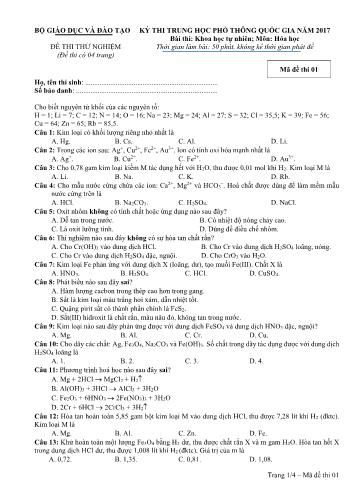 Đề thử nghiệm Kỳ thi THPT Quốc gia năm 2017 môn Hóa học - Mã đề 01