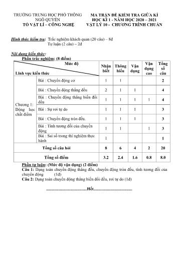 Ma trận đề kiểm tra Giữa Học kì I môn Vật lí Lớp 10 năm học 2020- 2021
