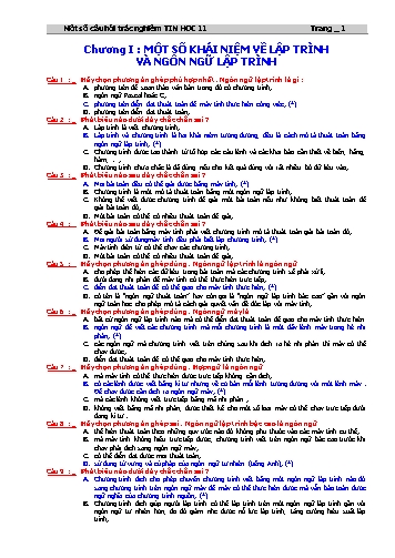 Một số câu hỏi trắc nghiệm Tin học Lớp 11 - Chương I: Một số khái niệm về lập trình và ngôn ngữ lập trình