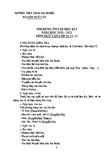 Nội dung ôn tập Học kì I môn Ngữ Văn Lớp 10, 11, 12 năm học 2020- 2021