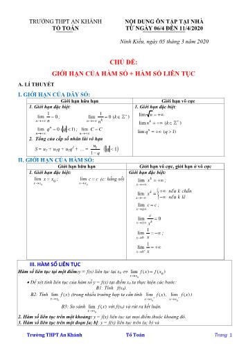 Nội dung ôn tập Toán Lớp 11 - Chủ đề: Giới hạn của hàm số+ Hàm số liên tục