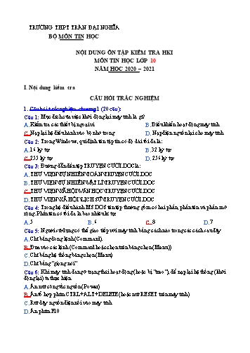 Nội dung trắc nghiệm ôn tập Học kì I môn Tin học Lớp 10 năm học 2020- 2021