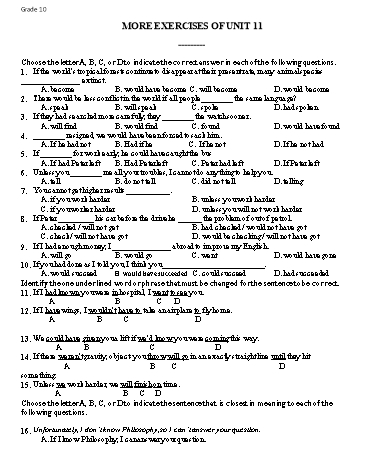 Phiếu bài tập Tiếng Anh Lớp 10 - More exercises of Unit 11 (Có đáp án)