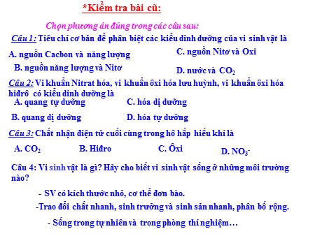 Bài giảng Sinh học Lớp 10 - Tiết 24, Bài 23: Quá trình tổng hợp và phân giải các chất ở vi sinh vật