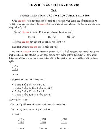 Bài dạy môn Toán Lớp 3 - Tuần 21 - Năm học 2019-2020