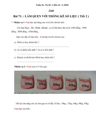 Bài dạy Toán Lớp 3 - Tuần 26 - Năm học 2019-2020