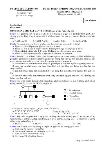 Đề chính thức Kỳ thi tuyển sinh Đại học, cao đẳng môn Sinh học khối B - Mã đề 502 (Kèm đáp án)