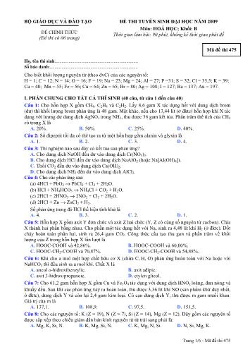 Đề chính thức Kỳ thi tuyển sinh Đại học môn Hóa học khối B - Mã đề 475 (Kèm đáp án)