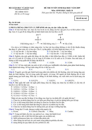 Đề chính thức Kỳ thi tuyển sinh Đại học môn Sinh học khối B - Mã đề 462 (Kèm đáp án)
