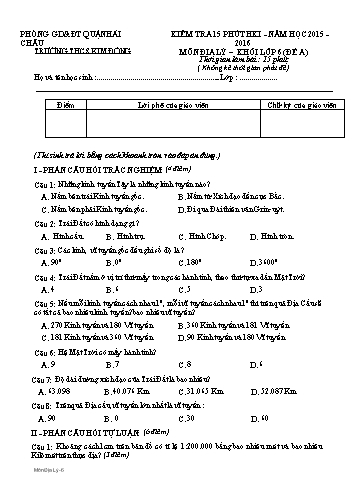 Đề kiểm tra 15 phút môn Địa lí Lớp 6 (Đề A) - Trường THCS Kim Đồng (Kèm ma trận đề)