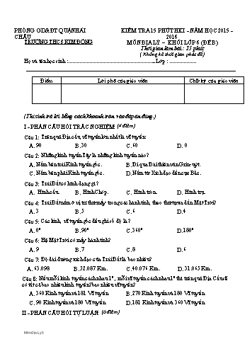 Đề kiểm tra 15 phút môn Địa lí Lớp 6 (Đề B) - Trường THCS Kim Đồng (Kèm ma trận đề)