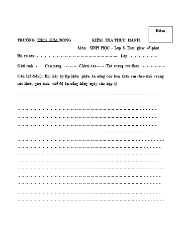 Đề kiểm tra Thực hành (khẩu phần) môn Sinh học Lớp 8 - Trường THCS Kim Đồng